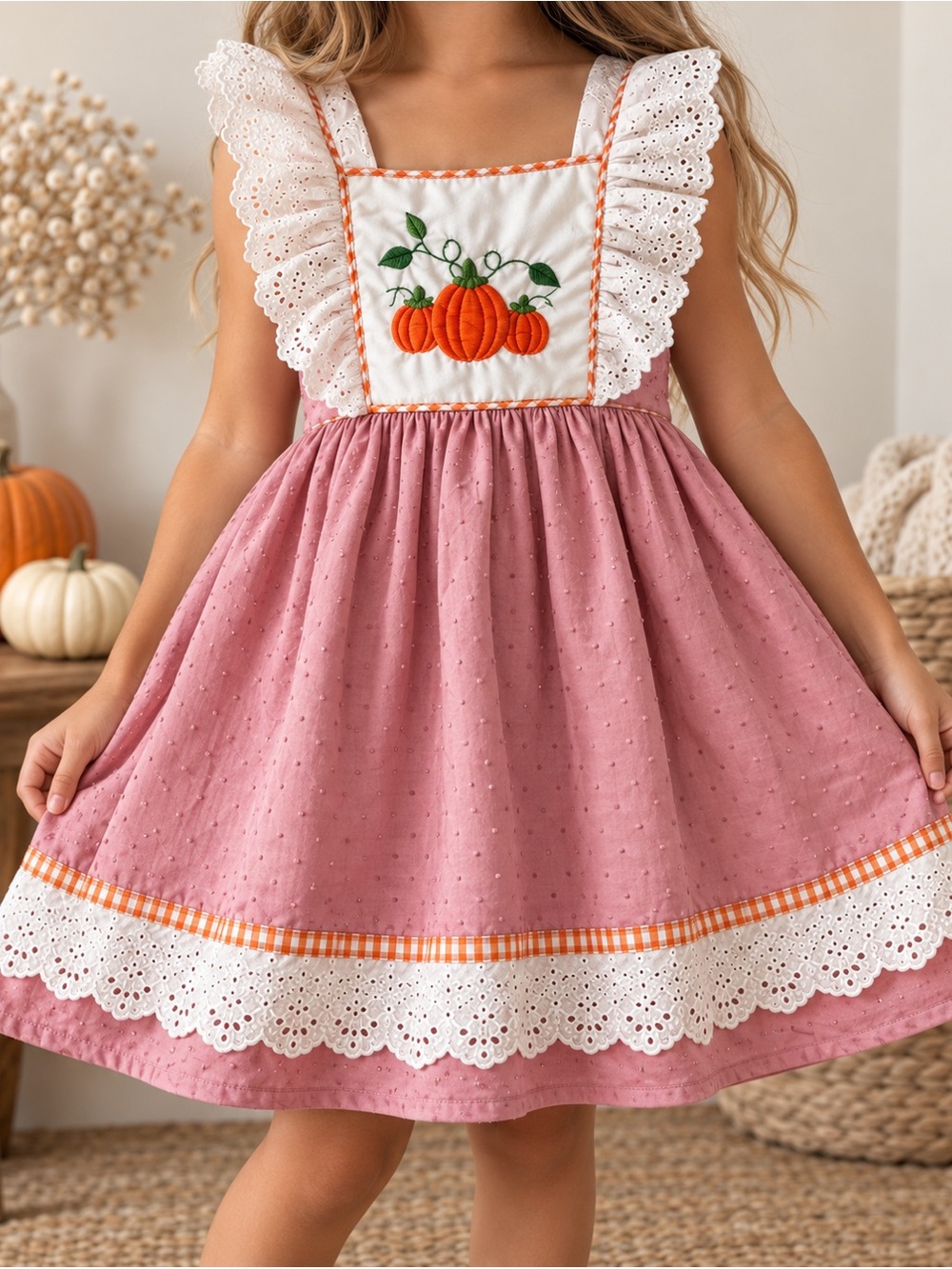 Smocked Sweets Pink Dress with Embroidered Pumpkin Design